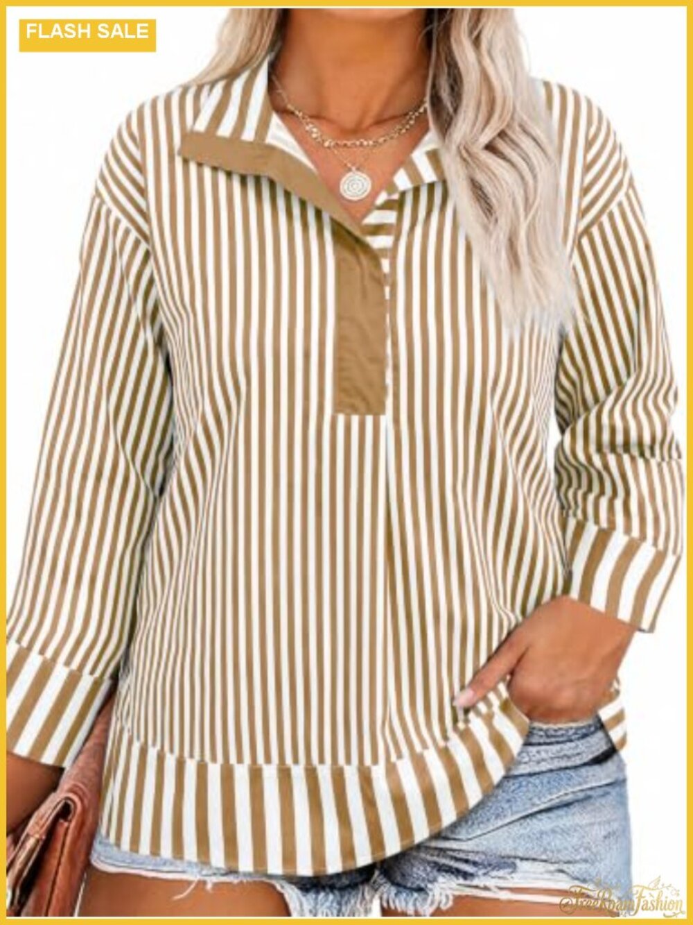 Womens Plus Size Striped Button Down Polo Blouse Long Sleeve Work Top